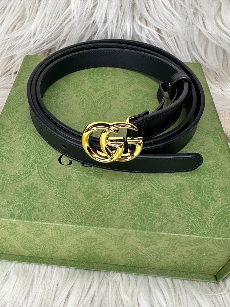 Authentic Gucci Gg Marmont Leather Thin Belt With Shiny Gold "Gg"